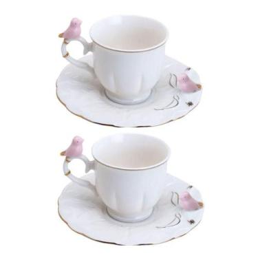 Imagem de Jogo 2 Xícara De Café Porcelana Rosa E Branca Birds Pássaro Com Pires 