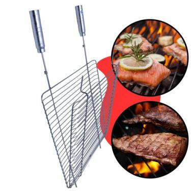 Imagem de Grelha Dupla Aramada Inox 50x50cm para Churrasco Peixe Parrilla Grill 