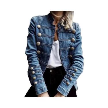 Imagem de Jaqueta Jeans Feminina Vintage Com Botões, Gola Alta, Ajuste Slim, Cas