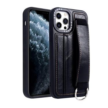 Imagem de Estojo de couro com alça de pulso para carrinho para iPhone 13 14 11 12 Pro X Xs Max Xr 7 8 6s 14 Plus SE 2020 Suporte para faixa de mão, preto, para iPhone 14 Pro