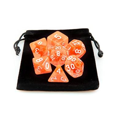 Imagem de Kit 7 Dados RPG de Mesa D&D Acrílico Translúcido D4 D6 D8 D10 D10% D12 D20 Cor LARANJA + 1 Bolsa