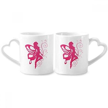 Imagem de Borboleta com asa rosa belo anjo conjunto de canecas de porcelana para casal amante cerâmica alça de coração