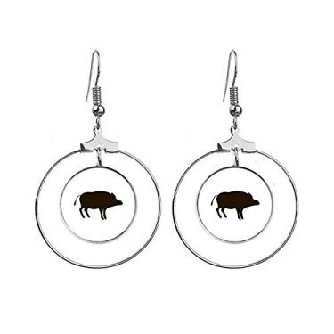 Imagem de Brincos de javali preto com desenho de animal e argola pendente, joia circular