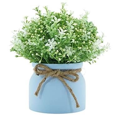 Imagem de Heave Flores artificiais plantas flores artificiais bonsai mini planta em vaso para casamento, casa, festa, escritório, decoração de mesa, arranjo branco