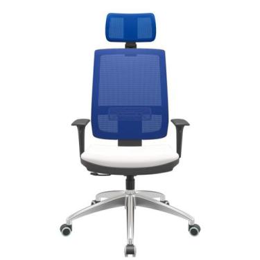 Imagem de Cadeira Office Brizza Tela Azul Com Encosto Assento Vinil Branco Relax
