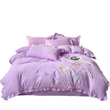 Imagem de Jogo de Cama Jogo de Lençol Conjunto De Lençol Macio E Simples De 4 Peças Com Capa De Edredão Bordado De Fibra Química Conjunto de Capas de Edredão (Color : Purple, Size : 1.5/1.8m bed)