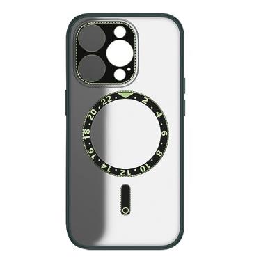 Imagem de HAZARA Capa fina para iPhone 14 Pro Max/14 Plus/14 Pro/14, capa de proteção de lente de liga, capa traseira de disco magnético para relógio, verde, 14 Plus de 6,7 polegadas