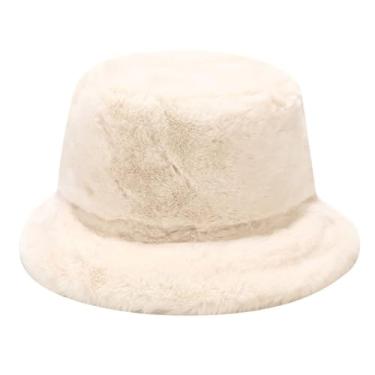 Imagem de Boné feminino elegante cor sólida felpudo chapéu pescador macio aconchegante, Bege, 4