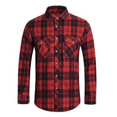 Imagem de Camisa masculina ocidental de algodão xadrez de manga comprida com botões de flanela de algodão, Vermelho/preto, XXG