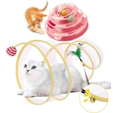 Imagem de 2 Brinquedo Para Gato Torre + Tunel Labirinto Interativo Pet (Torre 4 bolinhas Rosa + Túnel Mola Maluca)