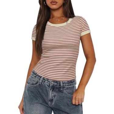 Imagem de Darong Camiseta feminina de verão, manga curta, gola redonda, listrada, caimento justo, malha canelada, Listra de ferrugem bege, P