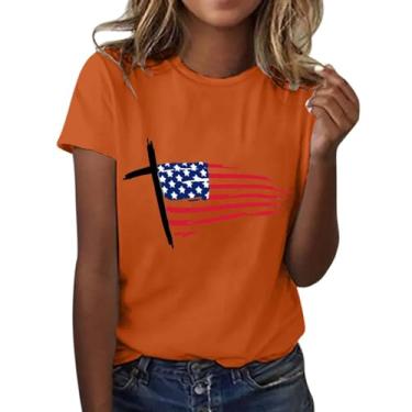 Imagem de Camiseta feminina moderna casual com estampa da bandeira do Dia da Independência gola redonda manga longa justa para mulheres, Laranja, GG