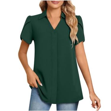 Imagem de Camiseta feminina casual gola V moda cor sólida manga curta solta roupas femininas de treino manga longa, Verde, GG