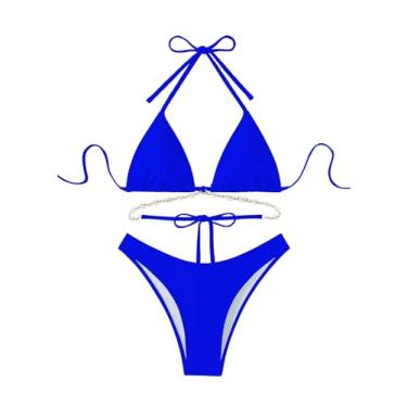 Imagem de BEAUDRM Biquíni feminino de 2 peças para decoração de concha frente única, conjunto triangular, biquíni de corte alto, Azul royal, PP