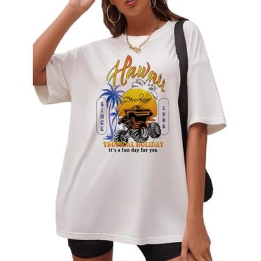 Imagem de Verdusa Camiseta feminina folgada com estampa de árvore Miami Letter Oversized Longline, Havaí branco, M