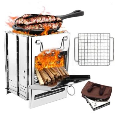 Imagem de Fogão de acampamento a lenha com churrasqueira, fogão dobrável de sobrevivência para mochila de aço inoxidável para cozinhar ao ar livre, piquenique, caminhadas, churrasco (prata-pequeno)