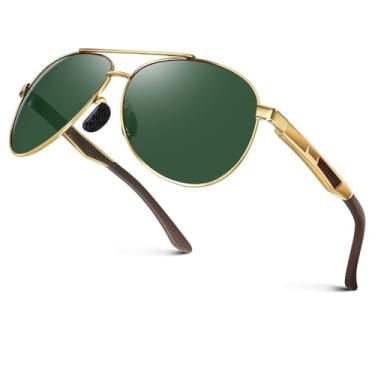 Imagem de WEAROYO Óculos de sol polarizados, masculinos, femininos, armação de liga Al-Mg, dobradiças de mola, estilo piloto, militar, proteção UV400 para dirigir, Armação dourada/lente verde escura (não