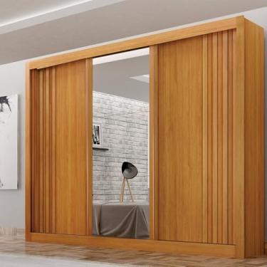 Imagem de Roupeiro 03 Portas Milano com Espelho na Porta Central e Portas Ripadas Cinamomo