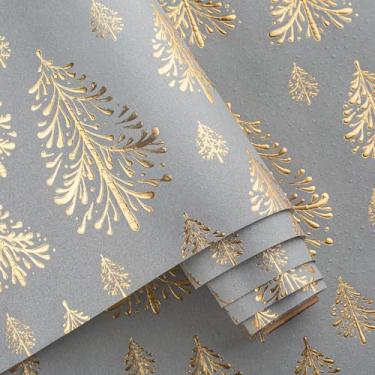 Imagem de Flyhill Papel de embrulho de Natal Kraft, árvore de Natal em relevo 3D cinza e dourado com papel de embrulho florestal para férias, festa, celebração, ano novo (43 cm x 32,8 pés)