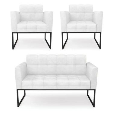 Imagem de Kit 1 Sofá Namoradeira E 2 Poltronas Elisa Corano Branco Base Metálica Industrial Preto - D`rossi
