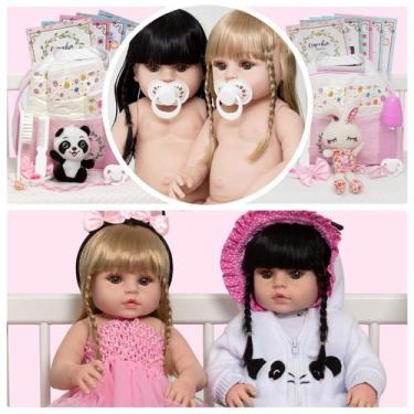 Imagem de 2 Boneca Reborn 100% Silicone Gêmeas Enxoval Panda Bailarina - Cegonha