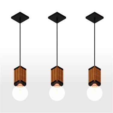 Imagem de Kit 3 Pendente Vertical Madeira Capella Cabo Pp Madeiled