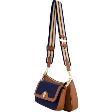 Imagem de Tommy Bahama Bolsa tiracolo feminina dupla, bolsa de ombro pequena de lona com alça ajustável e acabamento de couro, azul marinho/marrom, Azul-marinho/bronze
