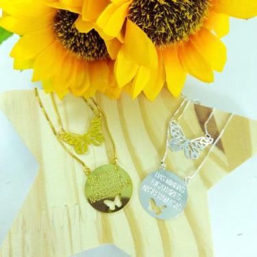 Imagem de Colar Corrente Escapulário Borboleta Com Frase Folheado Ouro Prata Exc