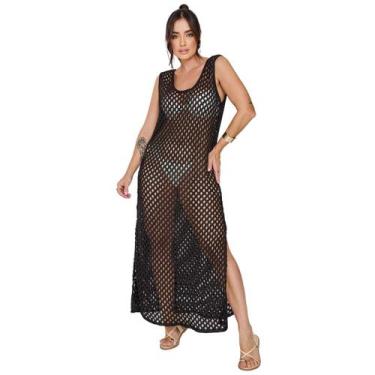 Imagem de Vestido Tricot Feminino Longo Rendado Croche Furadinho Saída de Praia 