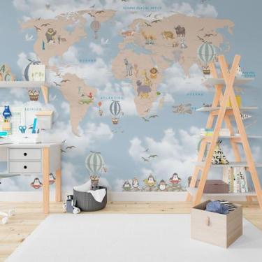 Imagem de Papel De Parede Adesivo, Infantil Mapa Mundi Bichinhos Balão 1X1 - Fin