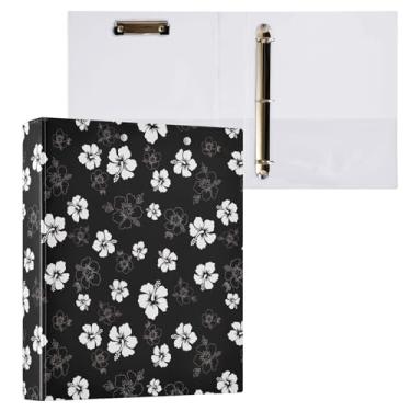 Imagem de Fichário de 3 anéis de flores de hibisco preto e branco, fichário decorativo de 3,8 cm com prancheta e 3 bolsos transparentes, comporta 200 folhas de papel tamanho A4 fichários à prova d'água para