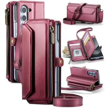 Imagem de Strapurs Capa tipo carteira transversal compatível com Samsung Galaxy Z Fold 6 com bloqueio de RFID, porta-cartões e compartimento para caneta, alça de ombro de couro sintético macio, bolso com zíper