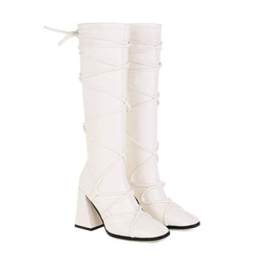 Imagem de Rock88 Botas femininas até o joelho, botas de salto bloco com design elegante de cadarço, botas altas com datas e festa de casamento, branca, 34
