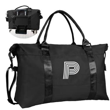 Imagem de Vogewood Bolsa esportiva de viagem inicial para academia, bolsa de fim de semana personalizada, monograma, bolsa noturna com letras, Preto, Bolsa esportiva de viagem com manga de carrinho