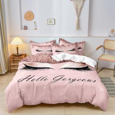 Imagem de Conjunto de capa de edredom de cílios longos – tamanho casal, conjuntos de cama de luxo rosa dourado com glitter feminino, rosa, capa de edredom para decoração de quarto para mulheres adolescentes (1