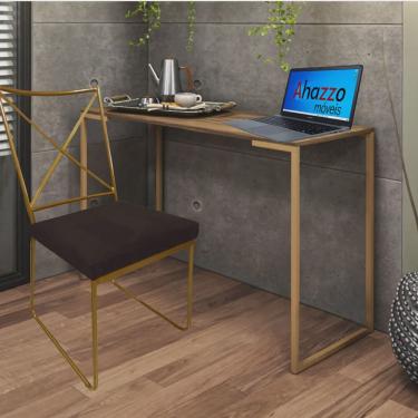 Imagem de Kit Escritório Clark Cadeira e Mesa Industrial Ferro Dourado Tampo mdf Caramelo Suede Marrom - Ahz Móveis