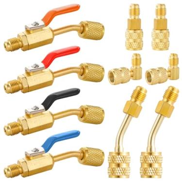 Imagem de Conjunto de válvula de esfera compacta angular refrigerante AC, 10 peças de válvula de esfera de refrigerante de ar condicionado 1/4 com mini adaptador R410A 5/16 a 1/4, ferramentas HVAC de encaixe de