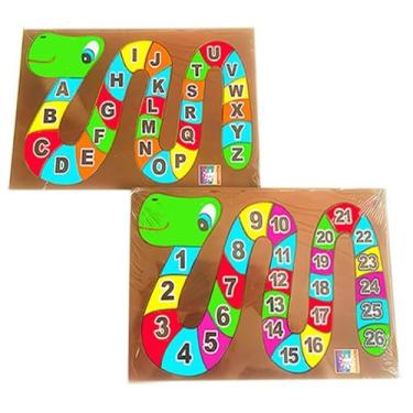 Imagem de Kit Brinquedo Pedagógico Em MDF Madeira / 2 Quebra-cabeças Cobrinha Alfabeto E Números Alfabetização