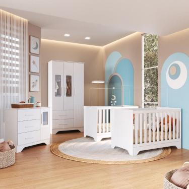 Imagem de Quarto de Bebê com 2 Berço Mini Cama Guarda Roupa 3 Porta 2 Gavetas e Cômoda 1 Portas 3 Gavetas com Janela Popy Retrô Peroba
