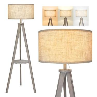 Imagem de ELYONA Luminária De Chão Com Tripé E 3 Temperaturas De Cor, Led Blub, Luminária De Chão De Madeira Com Mesa - Luminária Alta De Leitura Estilo Fazenda Para Sala De Estar, Quarto, Escritório, Sala D