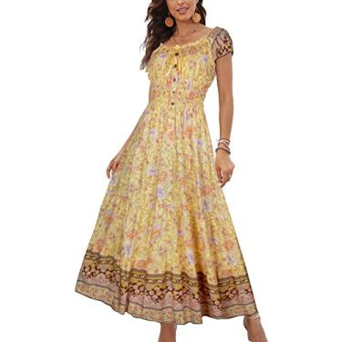 Imagem de OSTOO Vestido maxi feminino 2024 verão boho estampa floral casual rodado casual, Flor amarela, P