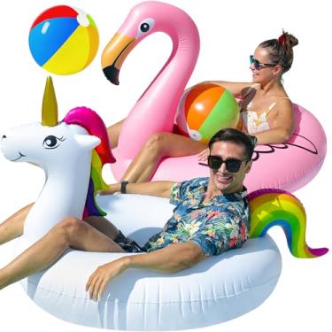 Imagem de PARENTSWELL Boias Infláveis De 43'' Em Formato De Unicórnio E Flamingo, Pacote Com 2 Boias Para Piscina Com 2 Bolas De Praia, Boias Infláveis Para Piscina Para Adultos, Lembrancinhas Para Festa Na