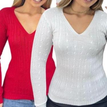 Imagem de Kit 2 Blusas Femininas Industrie Suéter Malha Tricô e Branco Manga Longa Tamanho:Único;Cor:-Feminino
