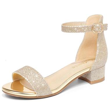 Imagem de Dufannie Sandálias para meninas, salto baixo, tira no tornozelo, bico aberto, florista, festa de casamento para crianças pequenas e grandes, Cham de glitter único, 1 Big Kid