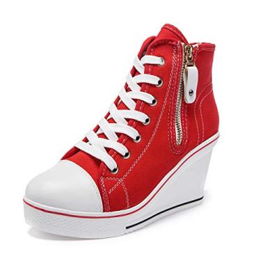 Imagem de Tênis feminino de lona de salto alto moderno sapatos casuais para plataforma de caminhada sapatos escarpim, Vermelho 04, 10