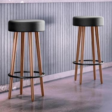 Imagem de Kit 2 Banquetas Alta Berlin, 70cm, para Balcão Bar e Cozinha Gourmet, Pés em Madeira, Assento Preto (PRETA)