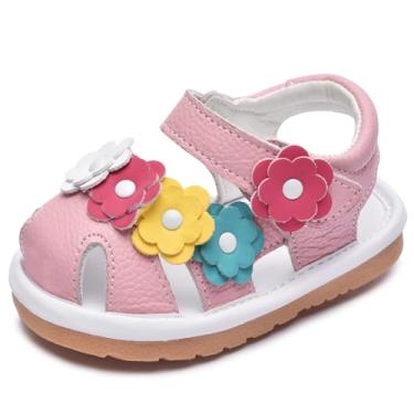 Imagem de Skeblo Sandálias rasteiras Mary Jane Baby Squeaky Shoes Flower Punch Baby (Squeakers removíveis), rosa, 4 Toddler