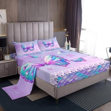 Imagem de Erosebridal Jogo de cama Queen com borboleta, 3 peças, escamas de sereia, para quarto de crianças, meninas, mulheres, jogo de lençol com elástico kawaii, princesa sonhadora, vida Maeine, roxo e azul