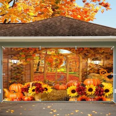 Imagem de Decoração para porta de garagem outono Dia de Ação de Graças pano de fundo 2 x 4,9 m grande 2 carro outono garagem porta banner janela floresta cena abóbora palheiro outono exterior garagem porta