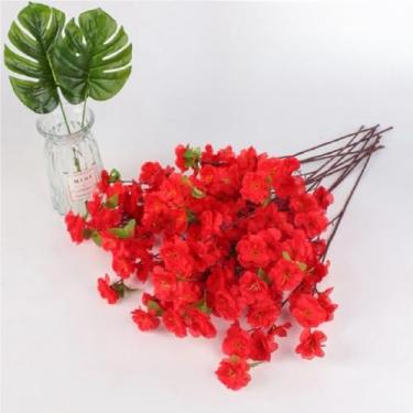 Imagem de 10 Buquê De Flores De Cerejeira Artificial, Flor De Pêssego, Estilo oriental Para Decoração De Casamento 65CM(Vermelho)